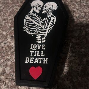 Black Coffin-Shaped Decor with Skeletons and Red Heart